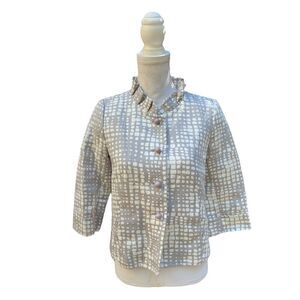J. CREW GEO PRINT CROPPED COCKTAIL JACKET GRAY IVORY RUFFLED COLLAR BLAZER XS-S*